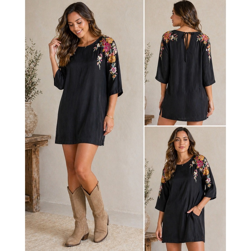 Johnny Was Dress Floral Embroidered Black 100% Silk Boho Shift Small